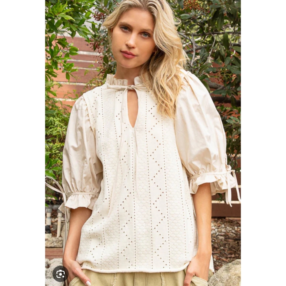 POL Penelope Puff Sleeve Sweater Top Cream & White Women's Large Cottagecore